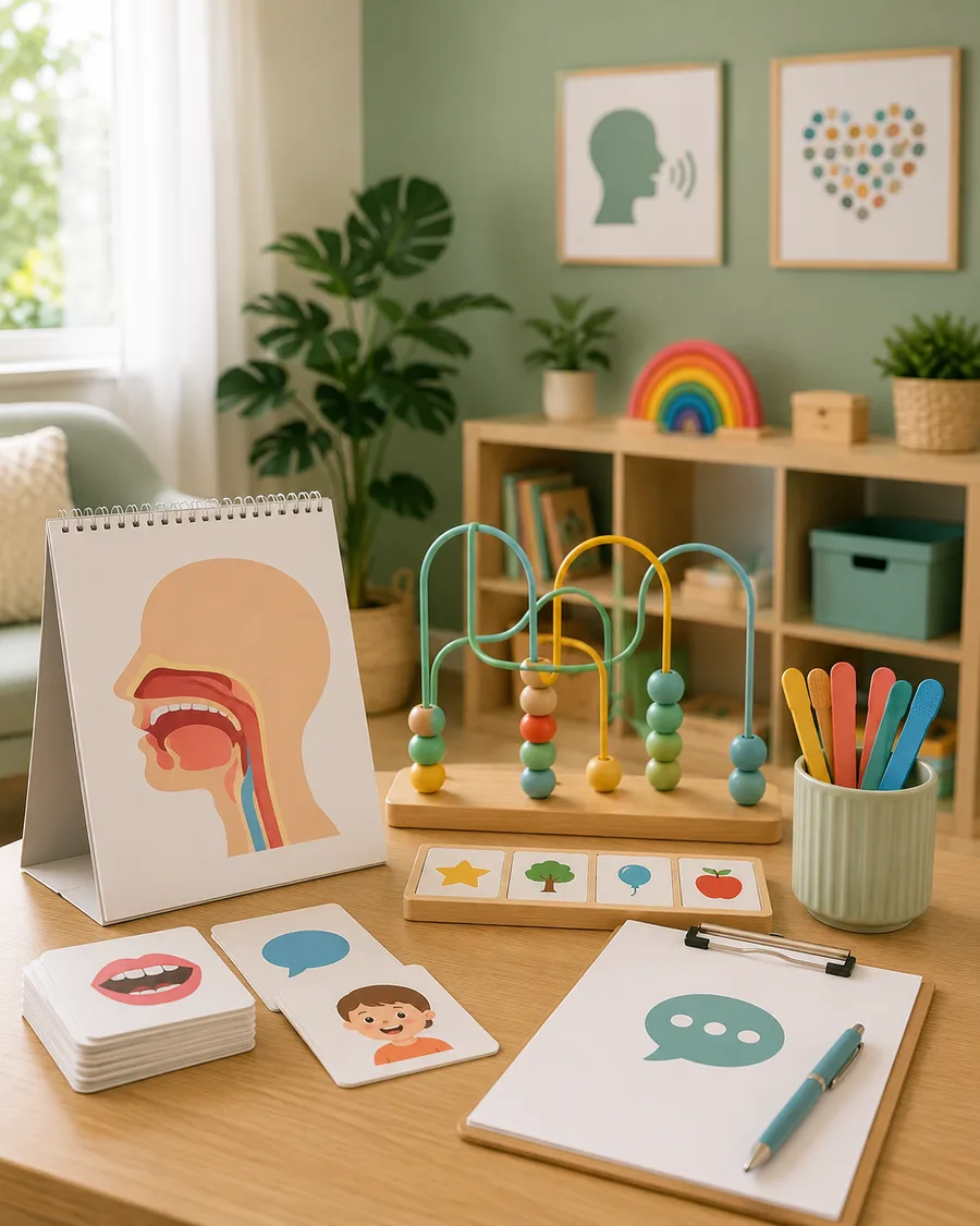 Materiais de fonoaudiologia e psicomotricidade na sala de terapia da Duo Care